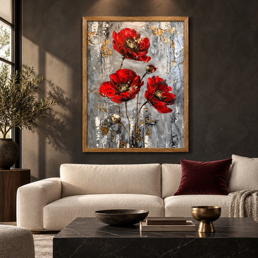 Crimson Poppies in Silver (Single Panel) Framed Canvas Wall Art