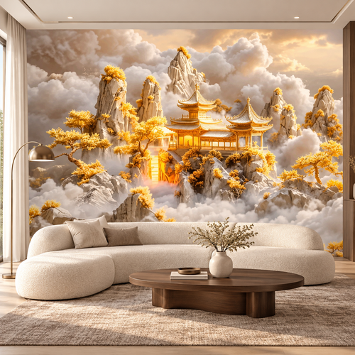 Golden Palace Above the Clouds Fantasy Wall Mural