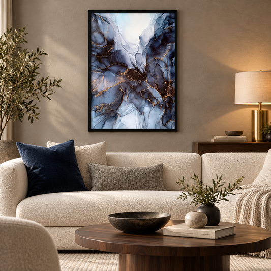 Midnight Blue & Gold Marble Framed Abstract Art Poster