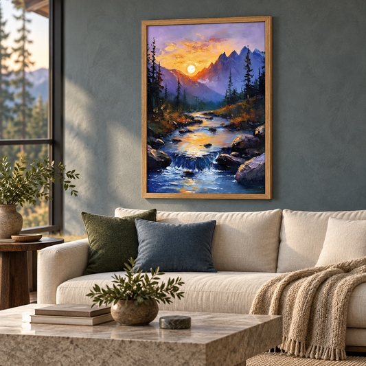 Golden Mountain Stream (Single Panel) Framed Canvas Wall Art