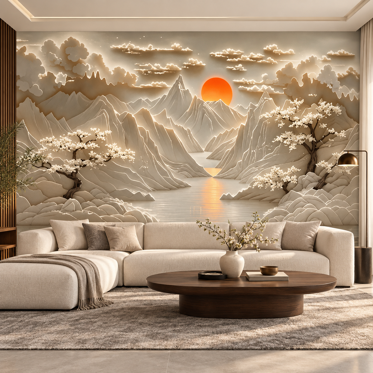 Golden Dawn Mountain Valley Sculptural-Effect Wall Mural