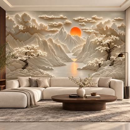 Golden Dawn Mountain Valley Sculptural-Effect Wall Mural