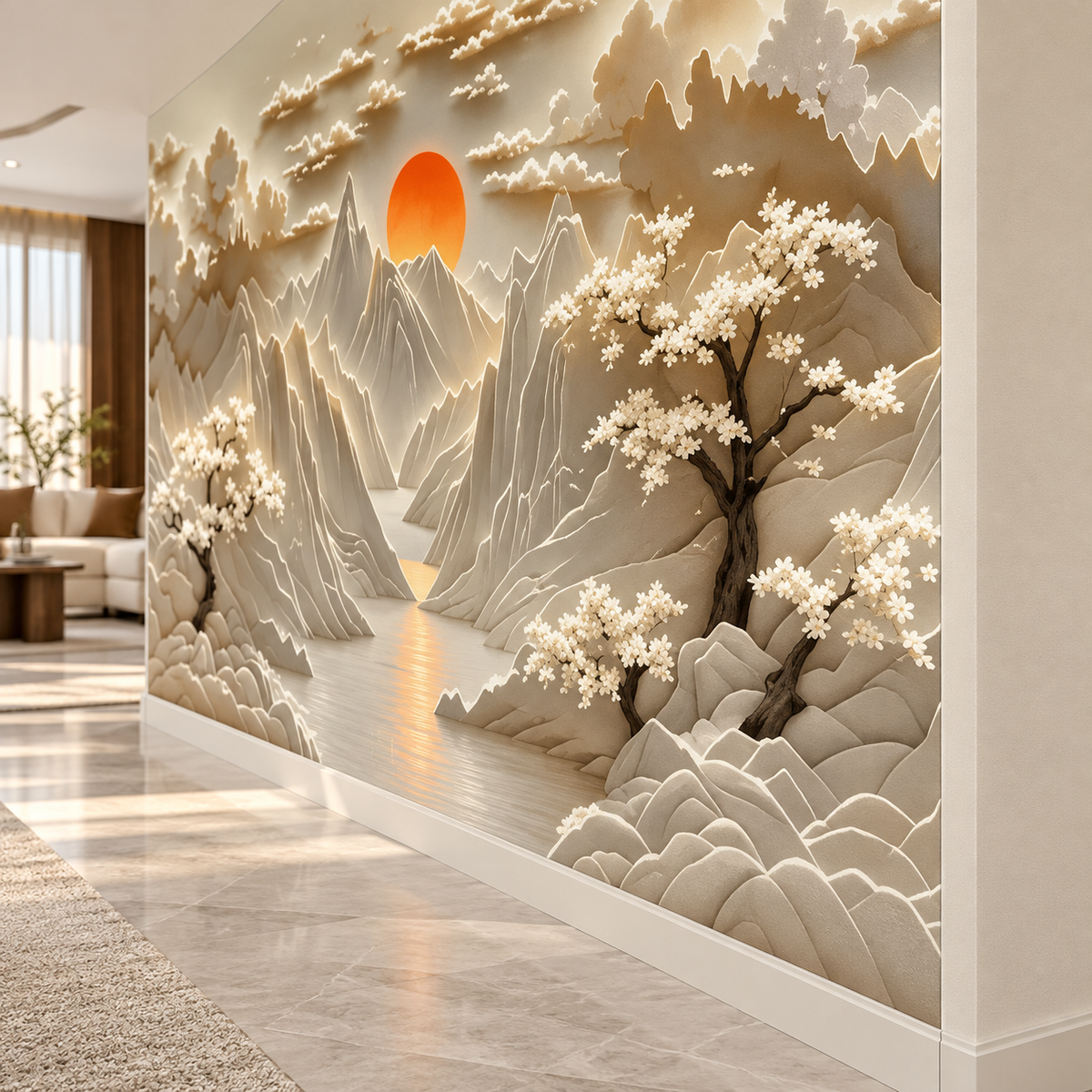 Golden Dawn Mountain Valley Sculptural-Effect Wall Mural