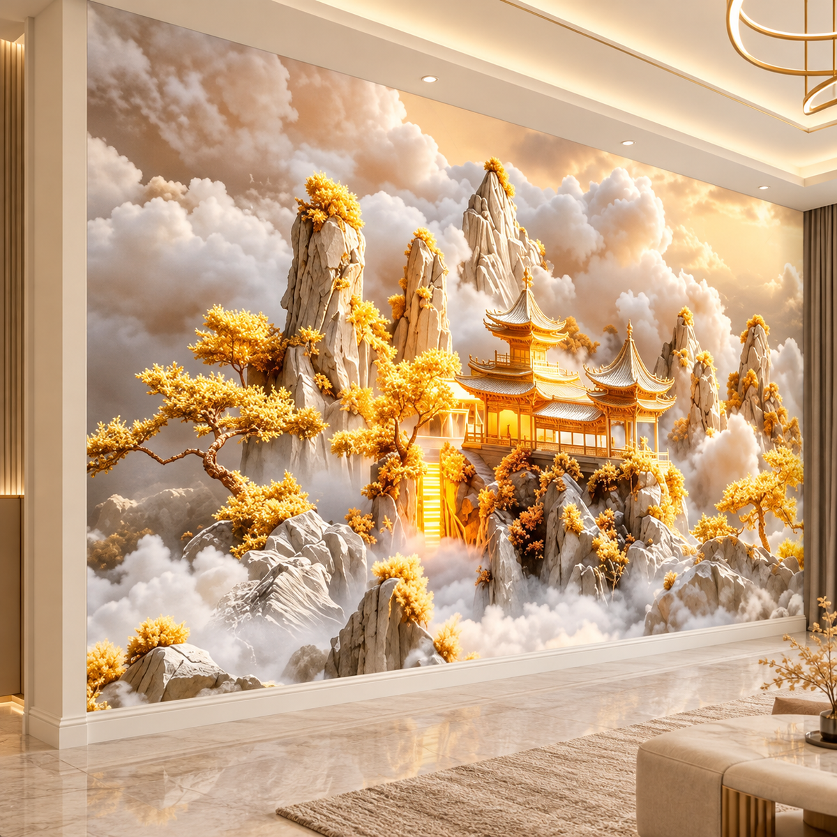 Golden Palace Above the Clouds Fantasy Wall Mural